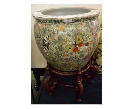 20th century Chinese ceramic fish cistern, polychrome decorated with koi carp, butterflies and flowers, 15 1/2 ins diameter, 