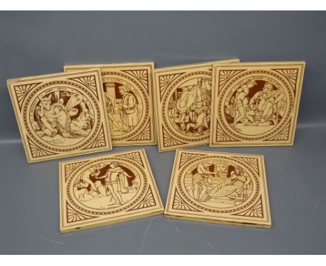 Set of six ceramic tiles, each transferred with a Shakespearean scene, unmarked, each 6ins x 6ins (6)  