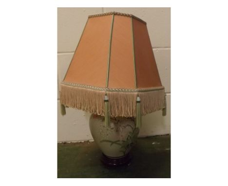 20th century floral painted ceramic based table lamp with pink shade, 22 ins tall (including shade) 