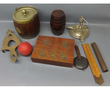 Box: assorted items including metal golfing ashtray, brass trivet, treen barrels, playing card box and odds