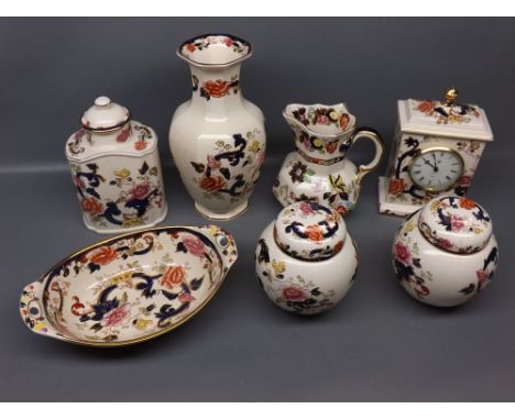 Group of Mason's "Mandalay" pattern wares, comprising 10 ins vase, 7 ins quartz movement clock, 6 ins jug, 8 ins lidded tea c
