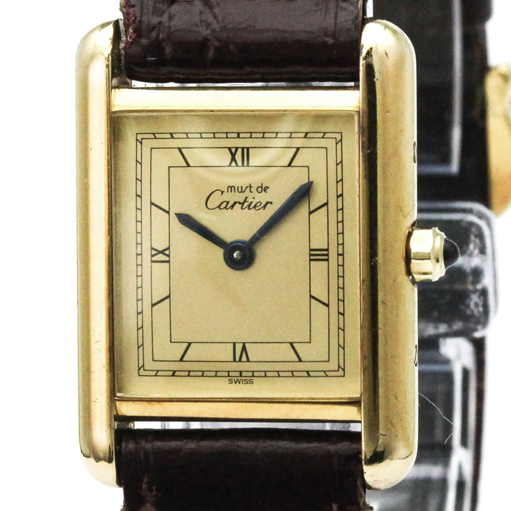 CARTIER Must Tank Gold Plated Leather Quartz Ladies Watch 366001