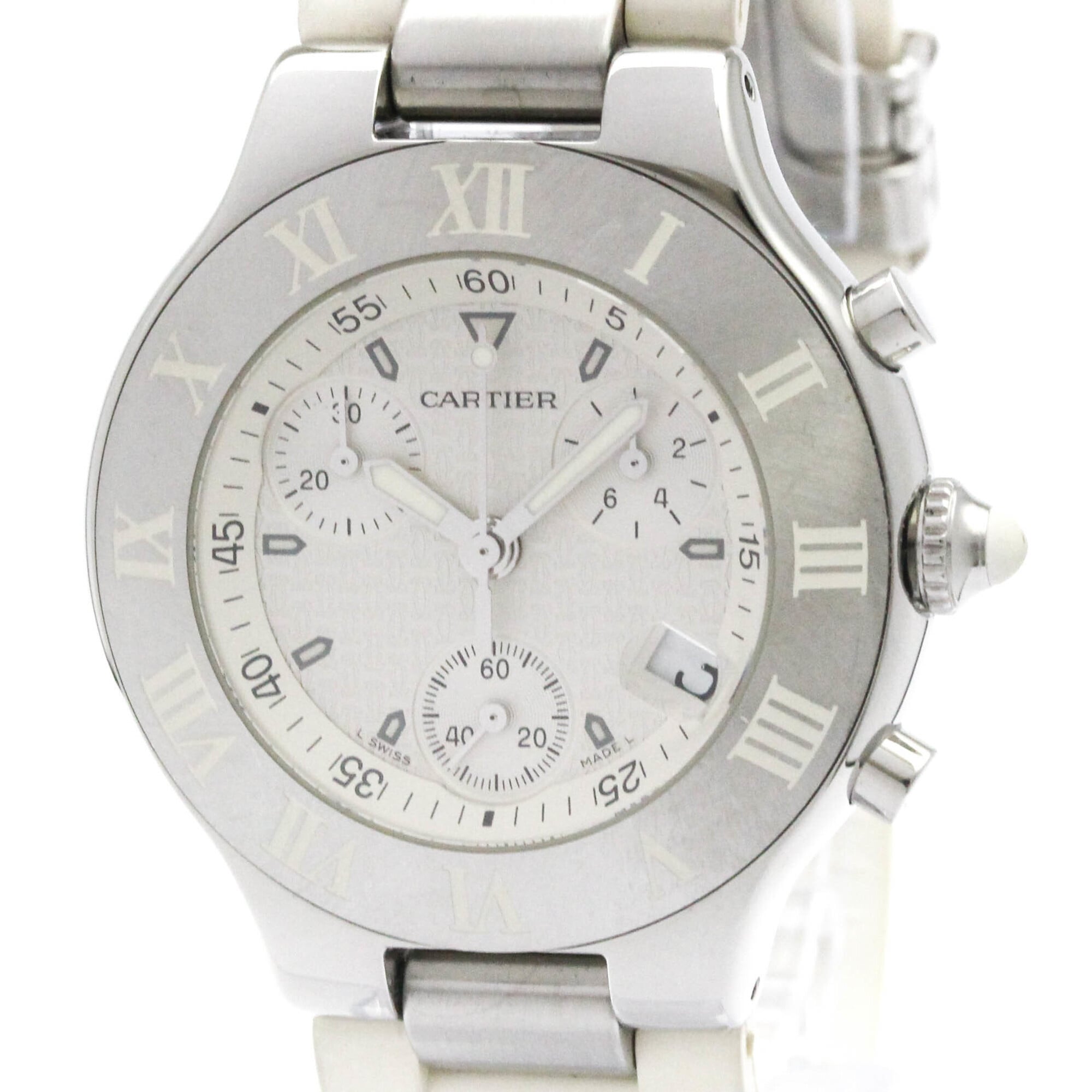 CARTIER Must 21 Chronoscaph Steel Rubber Mens Watch W10184U2 Polished