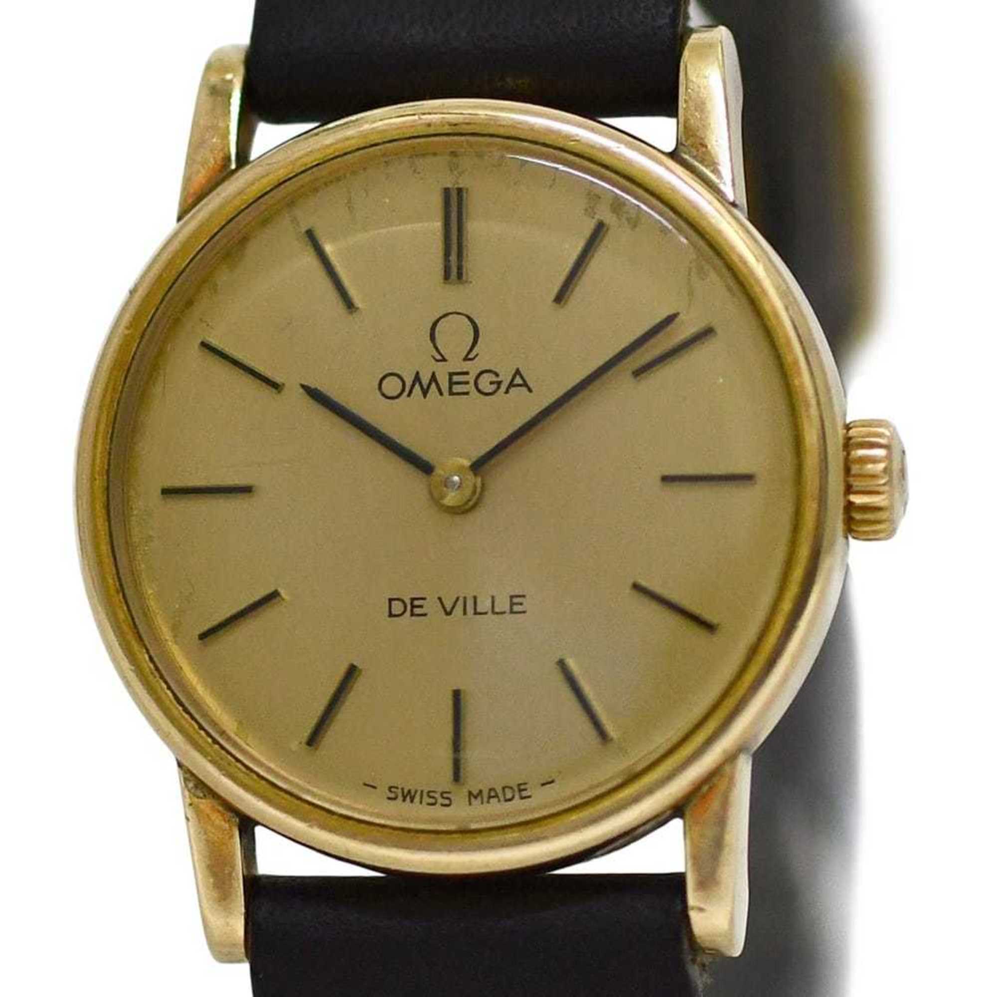 Omega De Ville Watch f-25030 Gold Black Women\'s SS Leather Manual Winding OMEGA Dial Analog Stainle