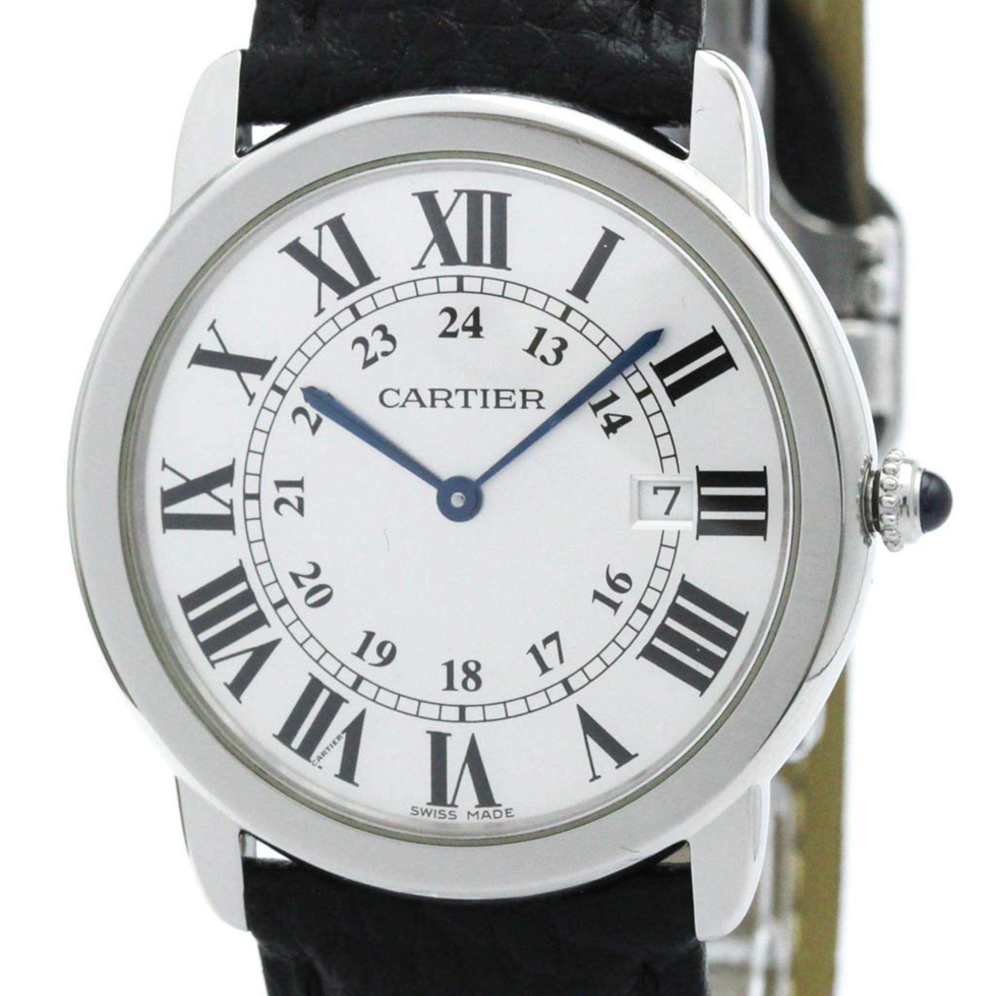 CARTIER Ronde Solo LM Steel Leather Quartz Mens Watch W6700255 Polished