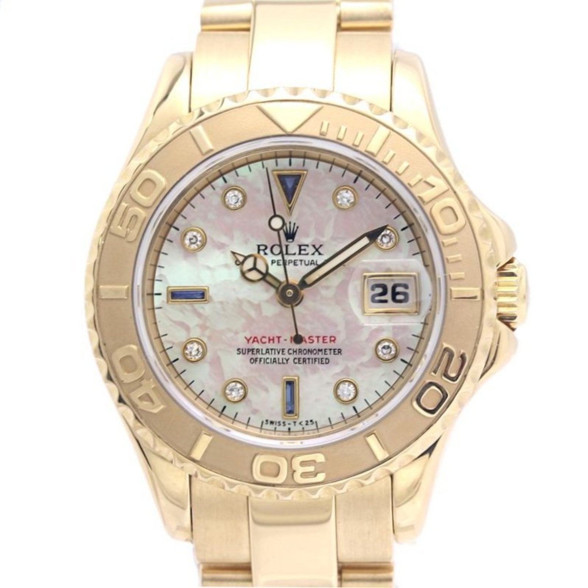 ROLEX Yachtmaster 8P Diamond 3P Sapphire White Shell 69628NGS Women\'s Watch 18K Yellow Gold 40292