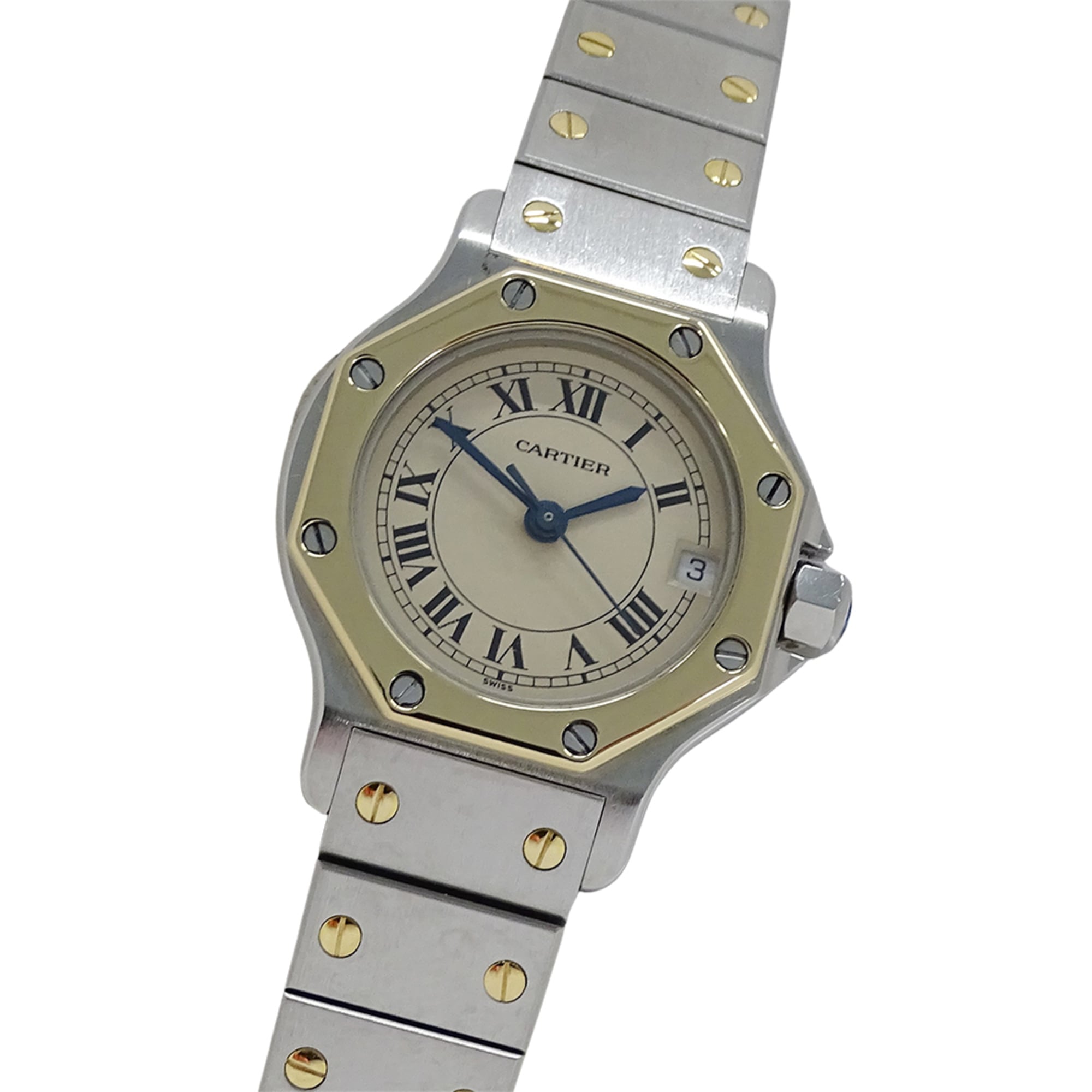 Cartier women\'s watch, Santos Octagon SM, date, quartz movement, stainless steel (SS) and gold (YG)