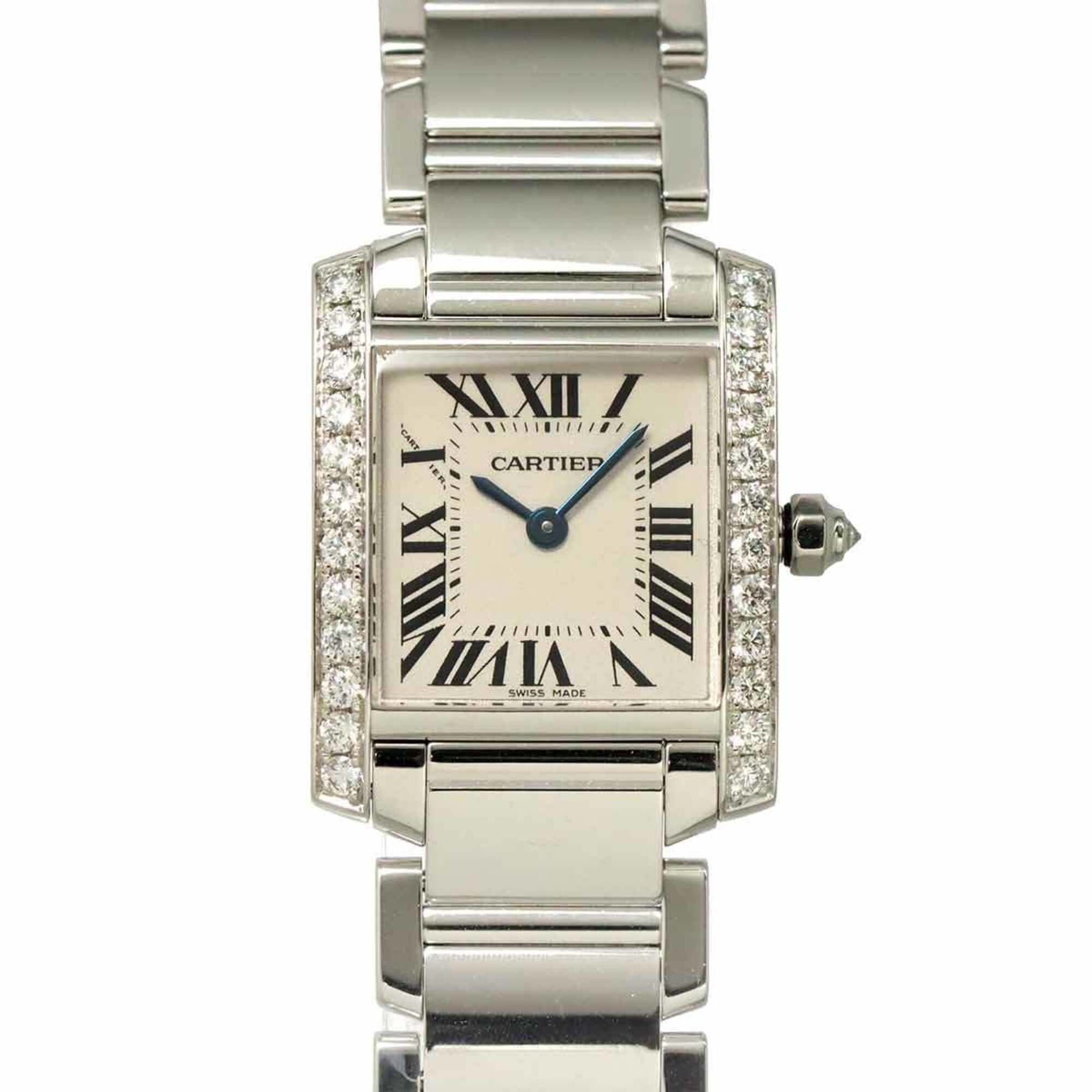 Cartier Tank Francaise SM WE1002S3 Ladies\' Watch, Diamond Bezel, Ivory, 18K White Gold, Quartz.