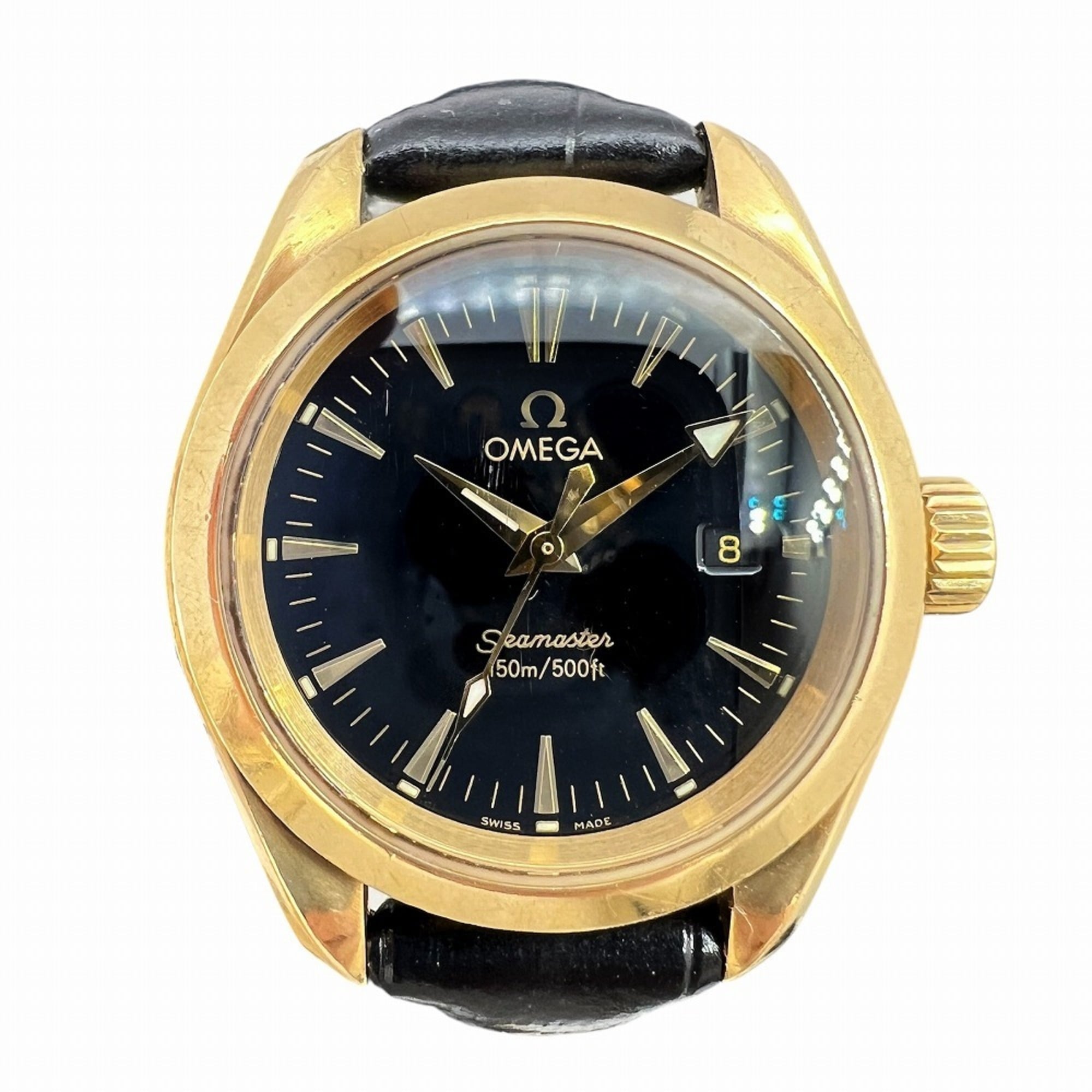 OMEGA Seamaster Aqua Terra 150m K18YG Black Dial Quartz Watch 2677.50.32 Leather Strap for Men and W