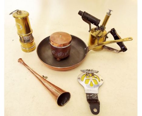 A copper hunting horn, frying pan, brass miners lamp etc