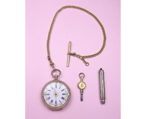 A 14k gold continental fob watch with decorative enamel dial and gold plated fob chain