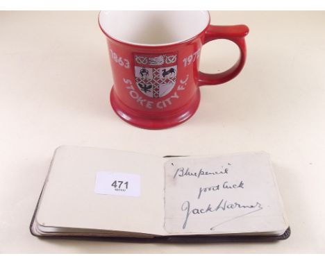 An autograph book with a variety of signatures including Jack Warner, the team of Stoke City football club circa 1950's plus 