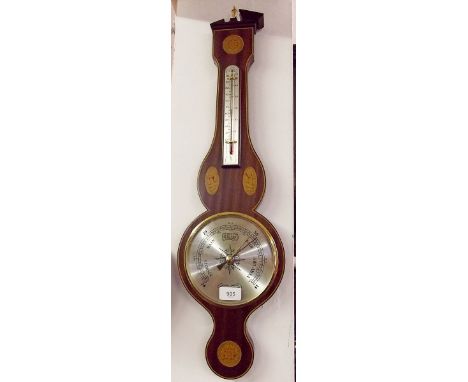 A Comitti mahogany marquetry barometer/thermometer