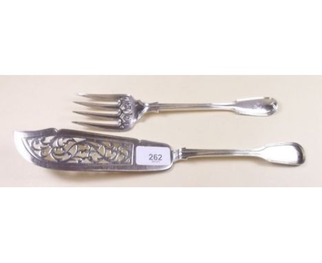 A matched silver fish slice - London 1850 and fish fork - London 1883, both with engraved bird crest, total 265g