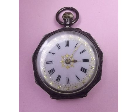 A continental silver fob watch with enamel dial