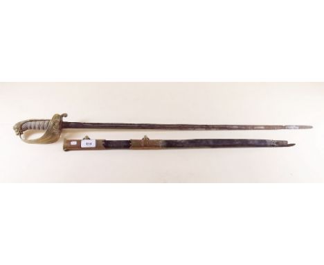 A 19th century Admiralty sword with gilt handle in leather scabbard