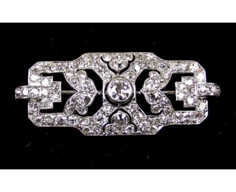 A fine Art Deco diamond set plaque brooch of openwork design  - the central stone approx quarter carat, 4.3 x 1.9cm, 8g