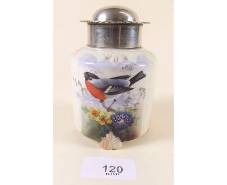 A Locke and Co Worcester porcelain tea caddy with silver plated lid painted bull finch by Lewis - a/f