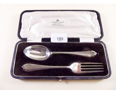 A Mappin and Webb silver plated Christening spoon and fork - cased