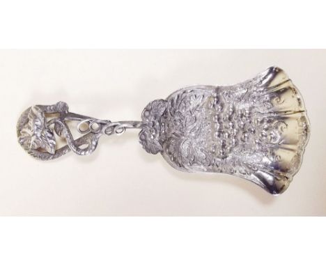 A Victorian silver caddy spoon decorated embossed vines to bowl and handle - Birmingham 1891 by Hilliard and Thomason