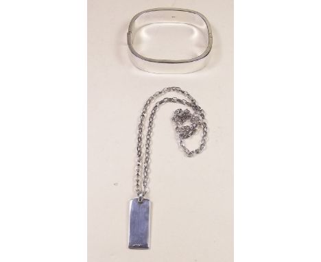 A Silver Mine rectangular hinged bangle - boxed, and a silver pendant necklace