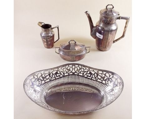 A three piece silver plated tea service and a large oval pierced dish