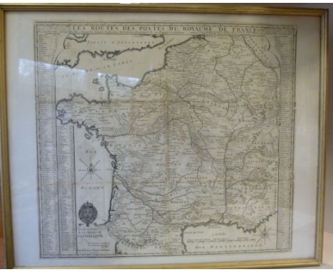 An early 18thC uncoloured map 'Les Routes Des Postes Du Royaume De France' incorporating scales, compass points and schedules