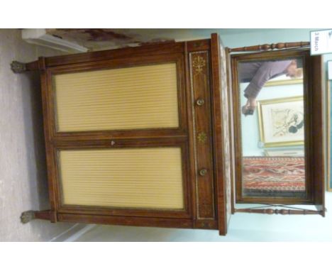 A Regency brass and boxwood string inlaid rosewood chiffonier with applied, pressed mouldings, the superstructure having a sh