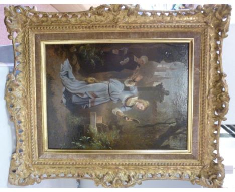Late 19thC French School - an allegorical scene, a woman in a courtyard, admiring herself in a hand mirror  oil on panel  bea