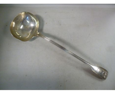 An early Victorian silver fiddle, thread and shell pattern soup ladle  indistinct London marker's mark  1841