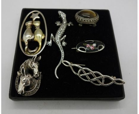 Six silver brooches including Charles Horner, enamel a/f