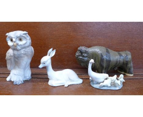 A Nao model of an owl, Lladro geese, fawn and a buffalo