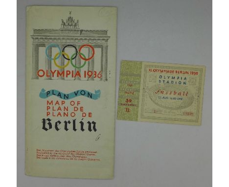 A 1936 Olympic map of Berlin and football ticket, 13 Aug. 1600hr with postage and address on rear