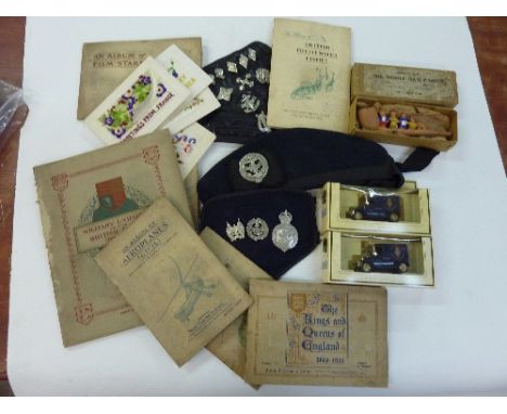 Seven albums of cigarette cards, five silk WWI greetings/postcards, a Dam family clay pipe, with box, Boys Brigade badges, ca