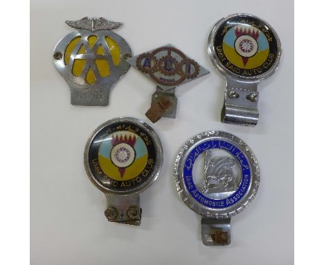 Five car badges, Umm Said Auto Club x 2, AA, ACI FIA and Iraq Automobile Association
