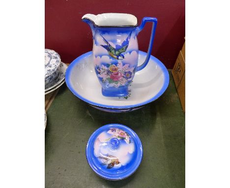 A Sylvac Silvo three piece wash jug and bowl, soap dish a/f