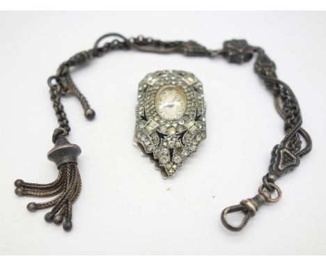A silver and paste, Art Deco collar clip watch and an Albertina chain