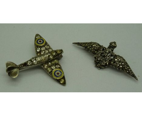 A silver, enamel and paste set spitfire brooch, lacking one stone and a silver and marcasite RAF sweetheart brooch