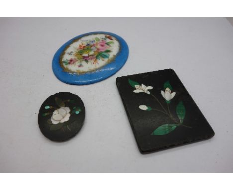 Two Pietra Dura plaques and a ceramic plaque