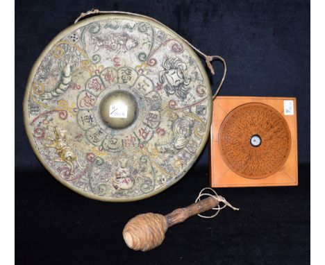 A 20TH CENTURY CHINESE LUOPAN  or Feng Shui compass, 16.5cm diameter within square frame; together with a metal gong 36cm dia