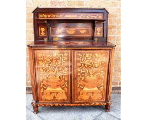 A MARQUETRY SIDE CABINET, the top with a collapsible raised back above a pair of doors opening to reveal a fitted shelf, 126c