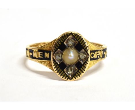 A VICTORIAN 18CT GOLD MOURNING RING  the signet style mourning ring with an oval head set with seed pearl and diamond chips, 