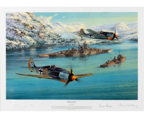 MILITARIA - ANTHONY SAUNDERS (BRITISH, CONTEMPORARY)  'Eismeer Patrol - The Tirpitz 11 March 1943',   colour print, limited e