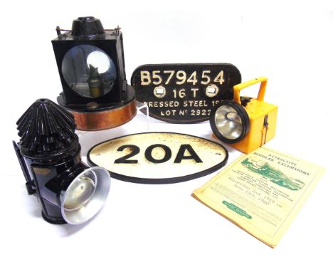 RAILWAYANA - ASSORTED  comprising a lamp with a copper reservoir, the body stamped 'B.R. WR', 20cm high; a Bardic hand-lamp; 