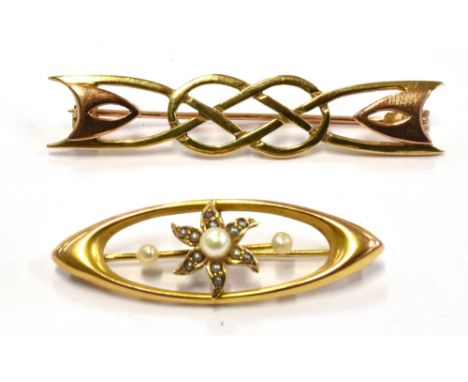 TWO GOLD BROOCHES  Comprising an elliptical shaped 14ct gold small black and white pearl set, weighing 2.2 grams, 4cm long; a