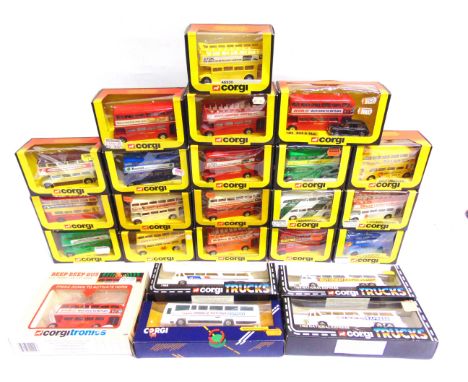 TWENTY-FOUR CORGI DIECAST MODEL BUSES  including Routemasters, each mint or near mint and boxed.