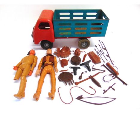 ASSORTED TOYS  comprising a Tri-ang pressed steel cattle truck; Lone Star 'The Saint' toy pistol; a OO gauge model railway co