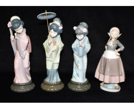 FOUR LLADRO FIGURES:  three modelled as Geisha, the fourth a Dutch girl, the tallest 32cm high Condition Report : The geisha 