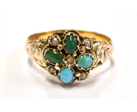 A VICTORIAN TURQUOISE AND SEED PEARL 18CT GOLD RING  The round cluster head to engraved shoulder and 18ct gold shank, hallmar