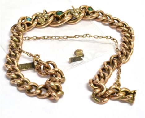 A C1900 TURQUOISE AND SEED PEARL SET BRACELET the central stone set section to hollow twisted curb links graduating to a snap
